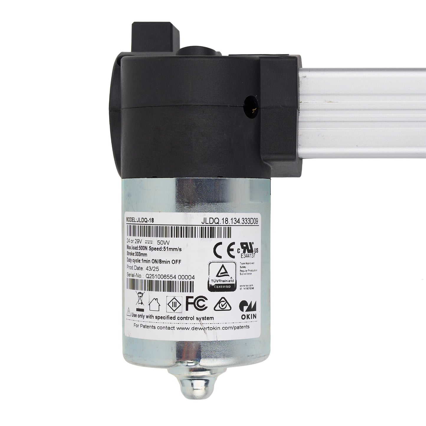 Mechanical component with visible branding and certification labels on a white background