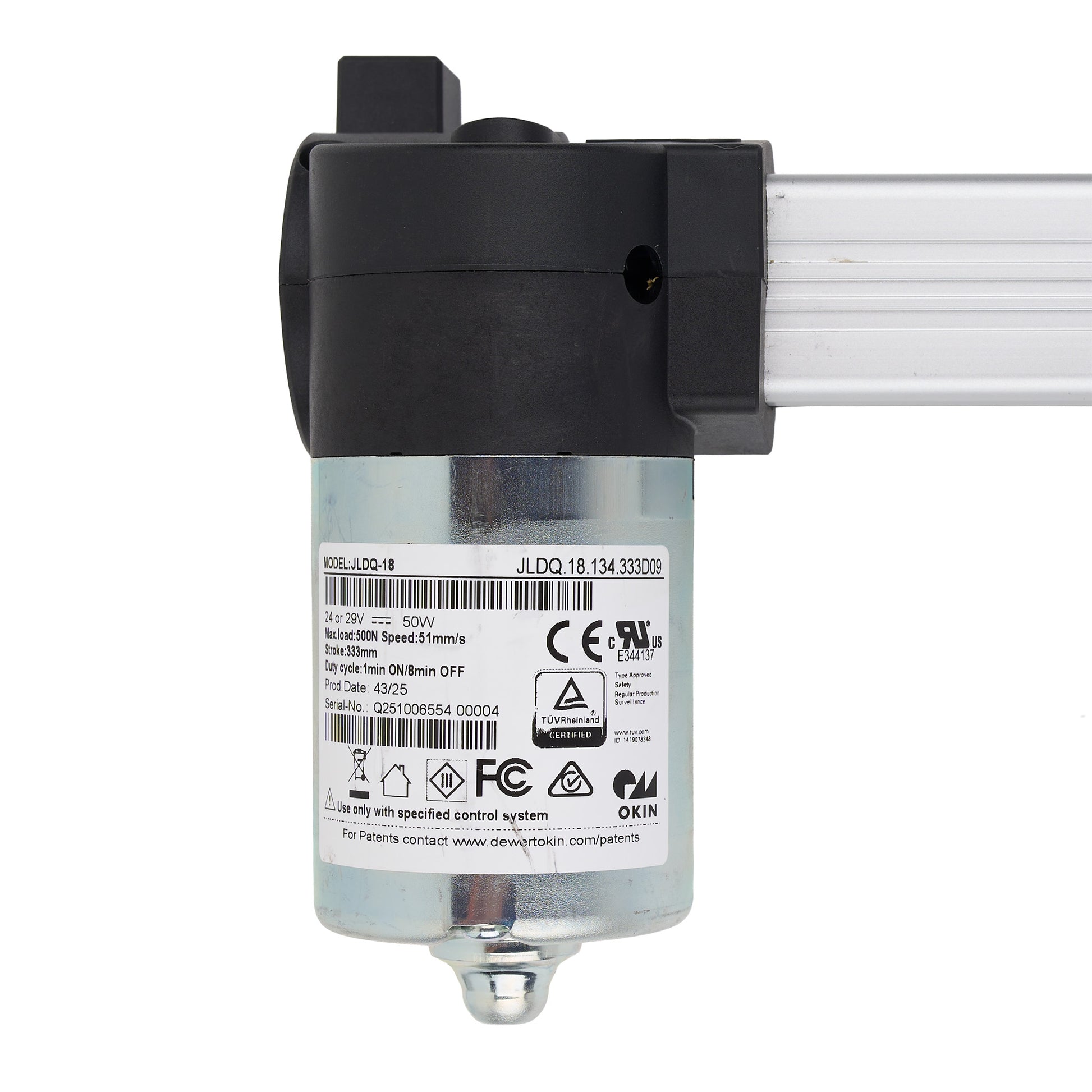 Mechanical component with visible branding and certification labels on a white background