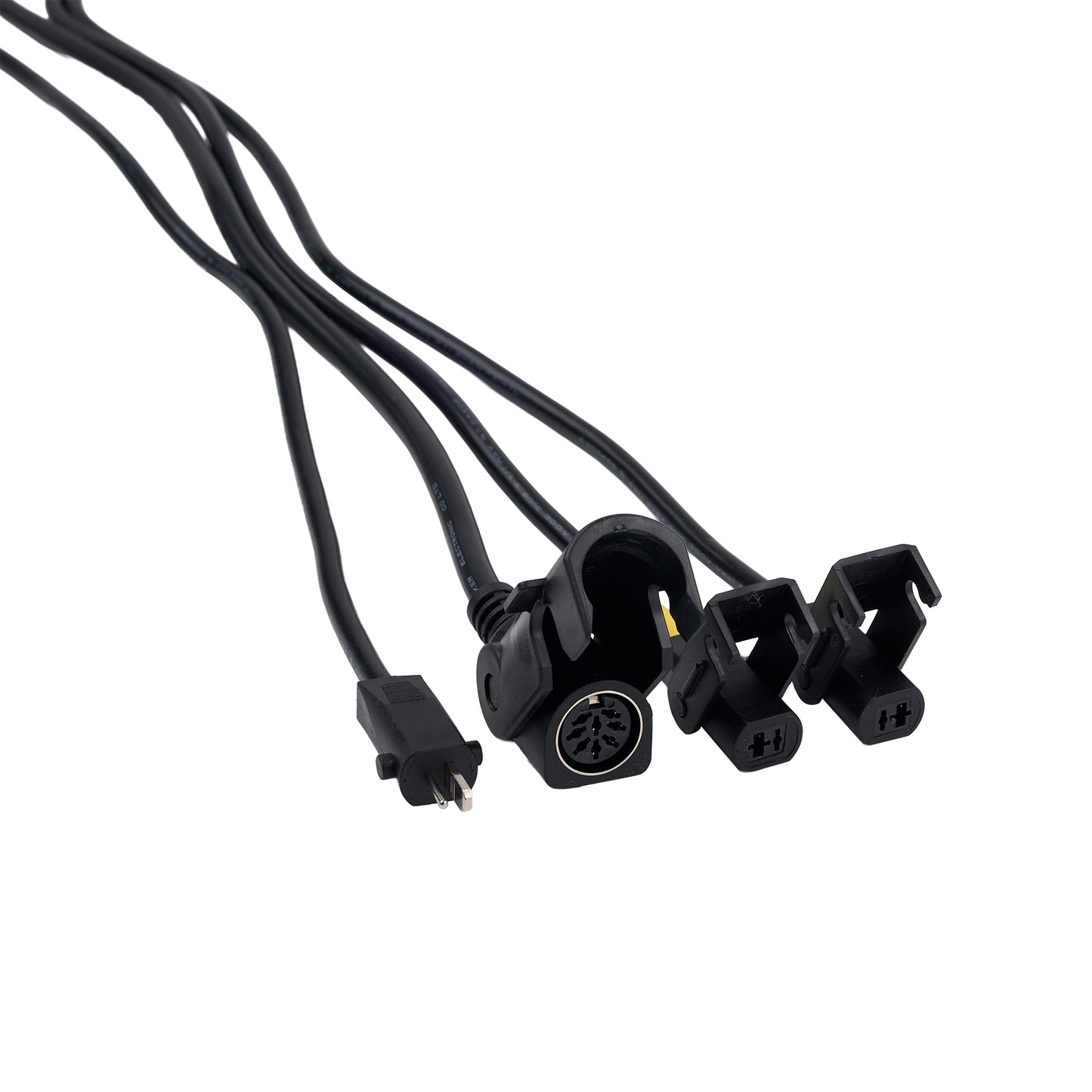 Set of black electrical connectors with wires on a white background
