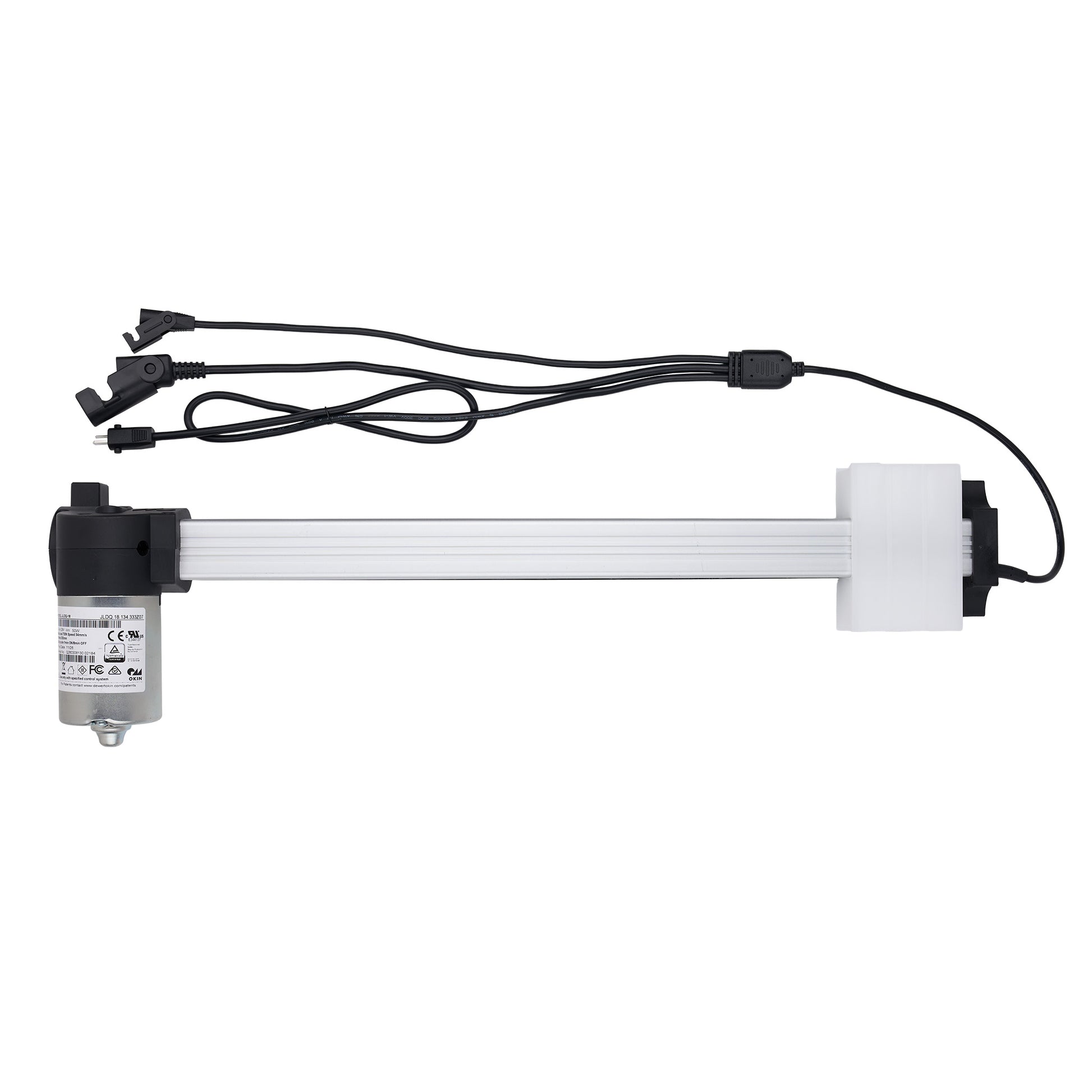 Pump with a long cylindrical body and black wiring on a white background
