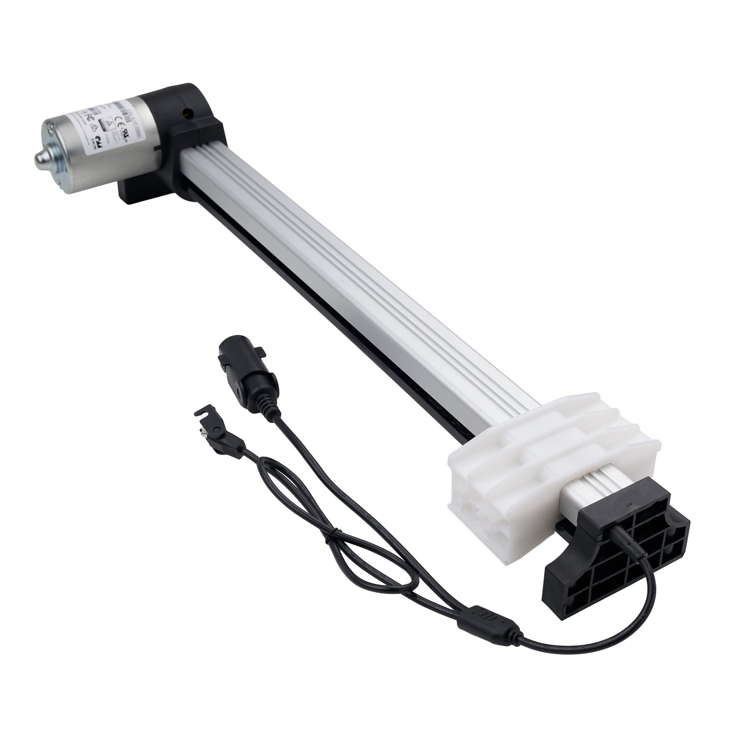 Mechanical component with a white rod and black connectors on a white background