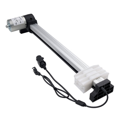 Mechanical component with a white rod and black connectors on a white background