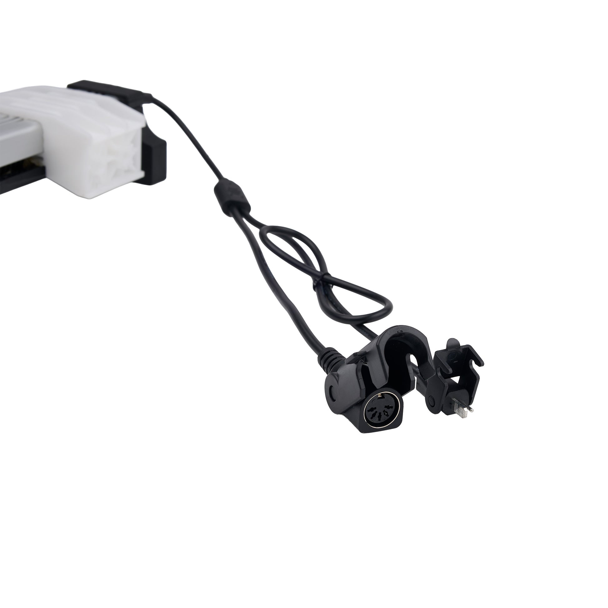 Black camera mount with cable on a white background