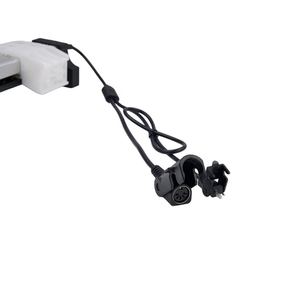 Black camera mount with cable on a white background
