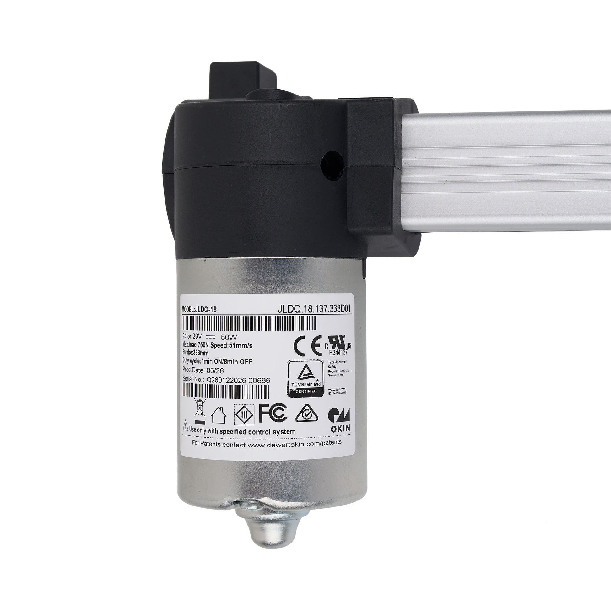 Mechanical component with visible branding and certification labels on a white background