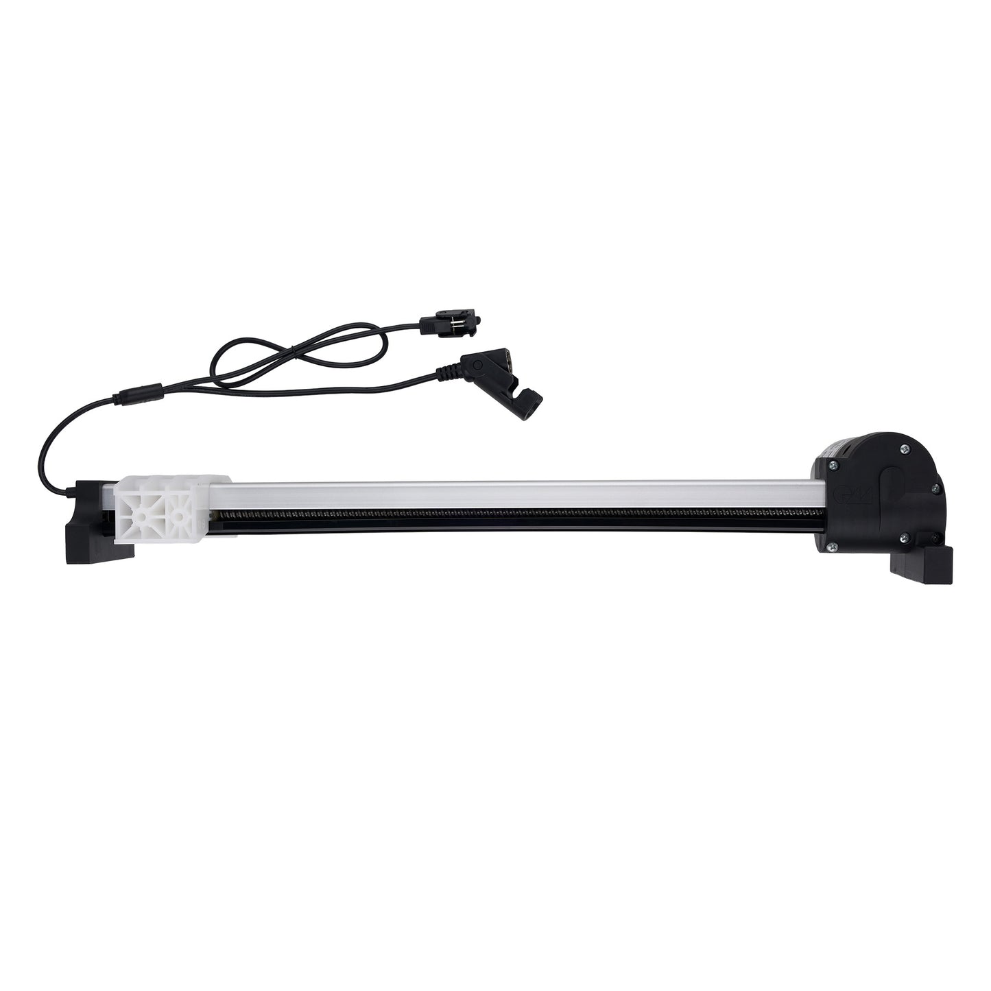 White cylindrical light bulb with black base and wiring on a white background