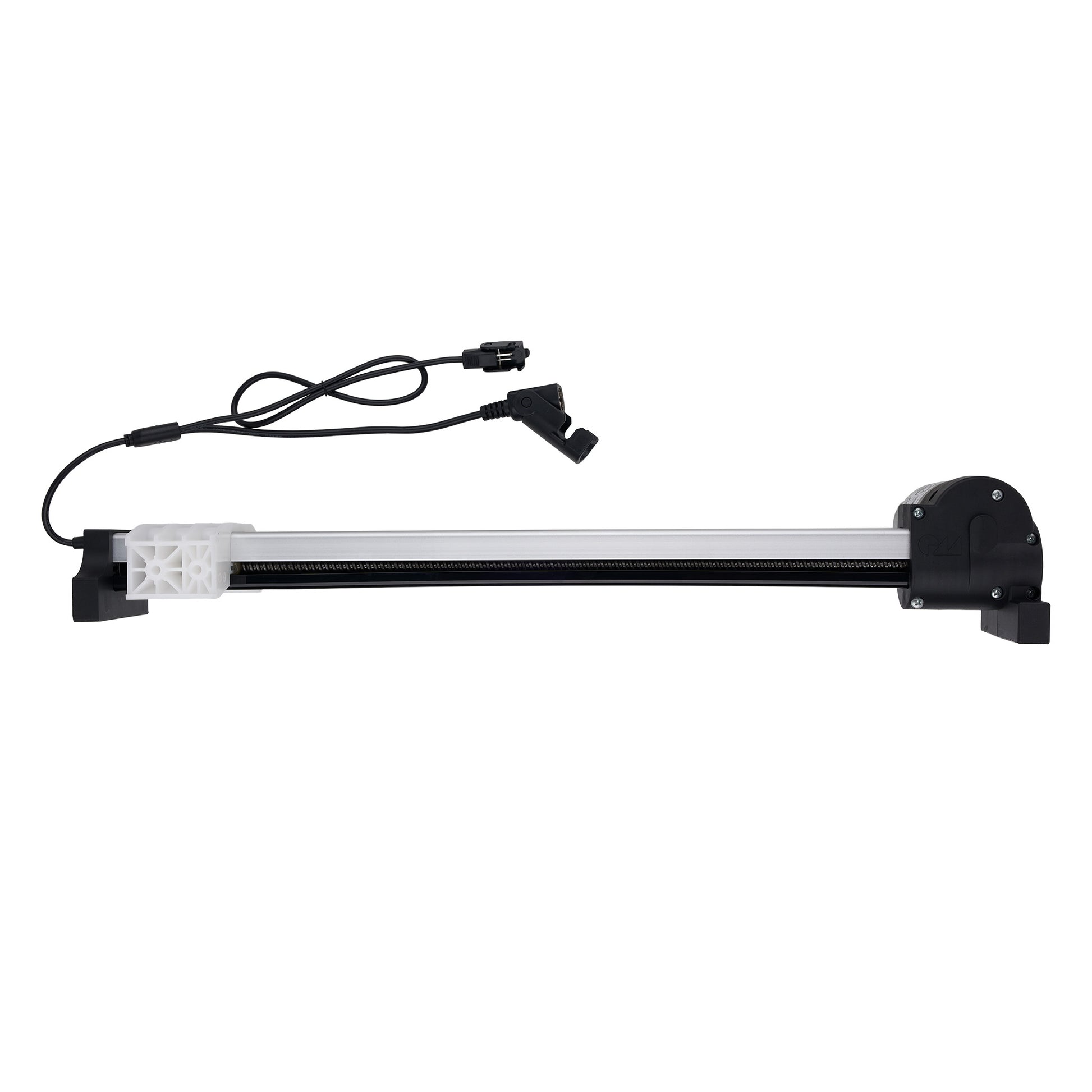 White cylindrical light bulb with black base and wiring on a white background