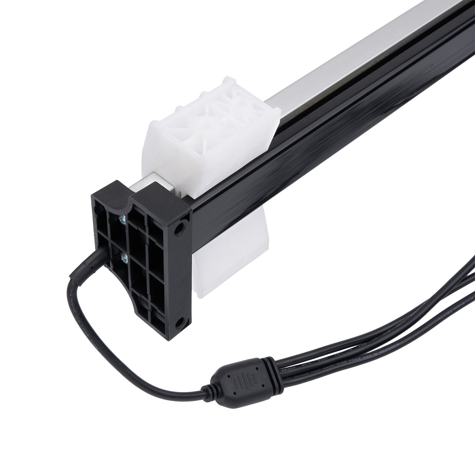 Black and white electronic component with cable on a white background