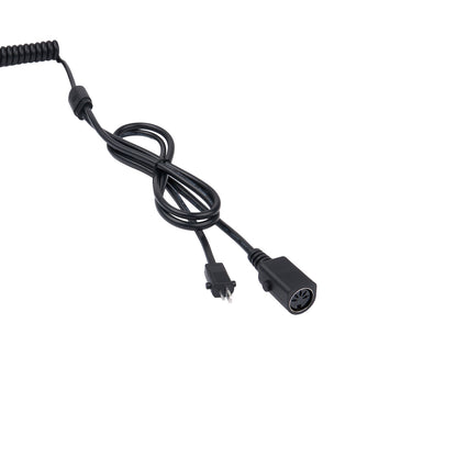 Black coiled cable with plug and socket on a white background