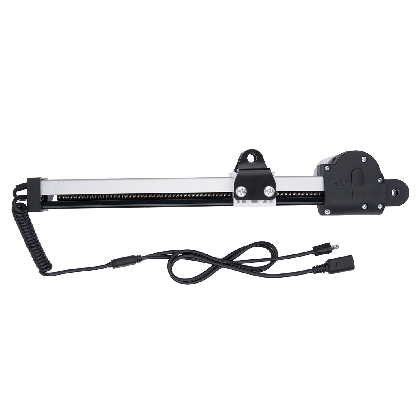 Black and silver LED light bar with coiled cable on a white background