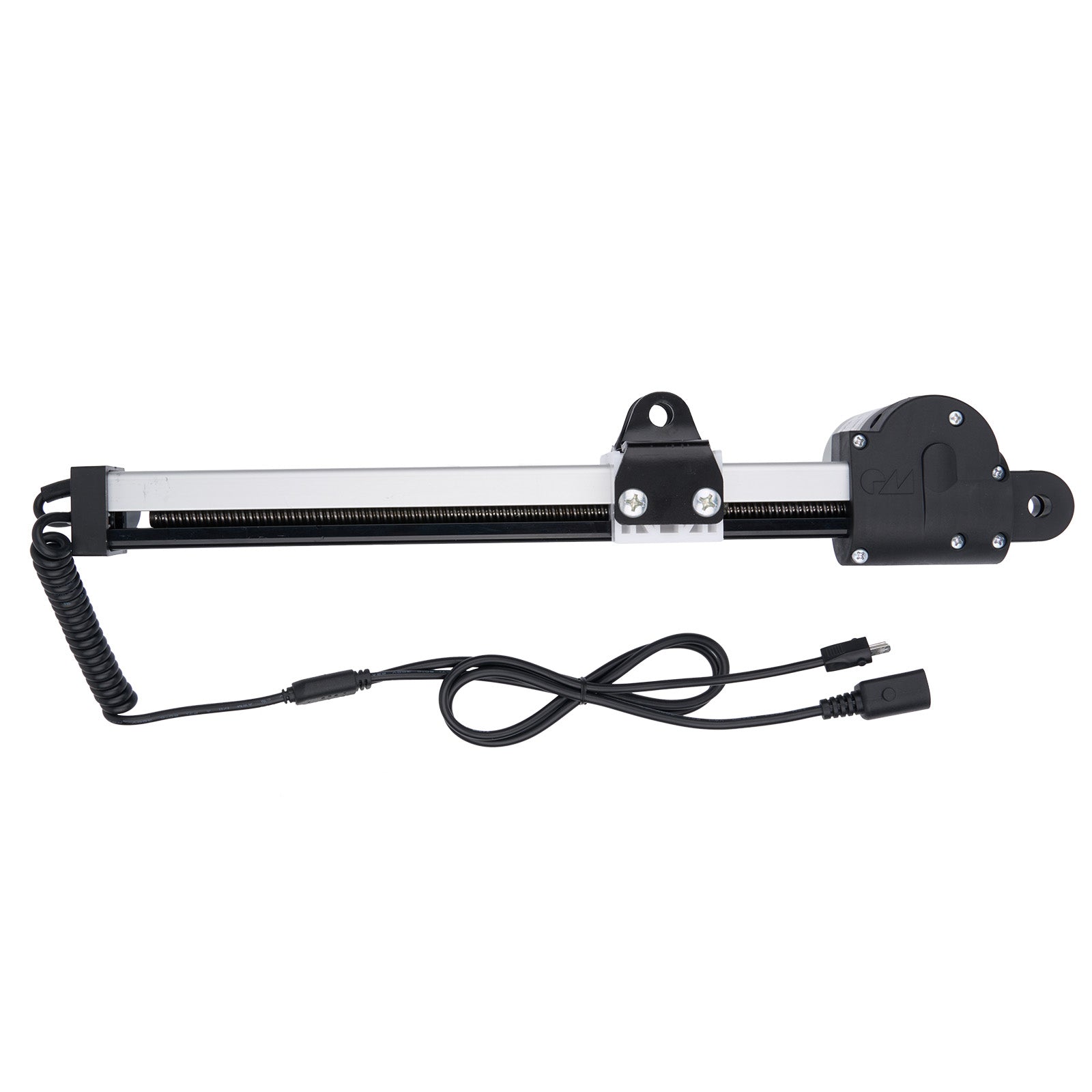 Black and silver LED light bar with coiled cable on a white background