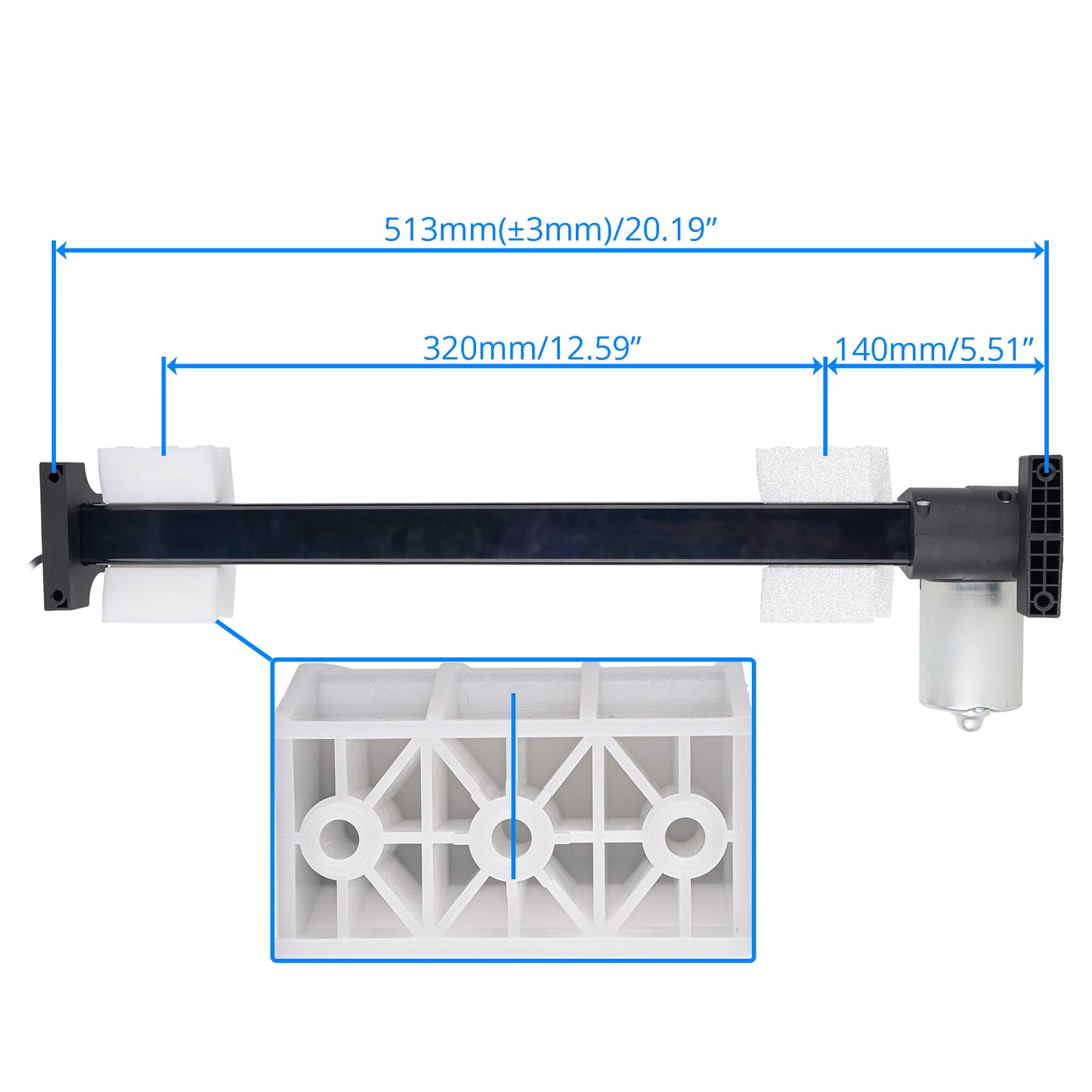 A technical dimension diagram of a black horizontal mounting bar with white brackets and a white cylindrical component, shown on a light gray background with blue measurement lines and text indicating dimensions.