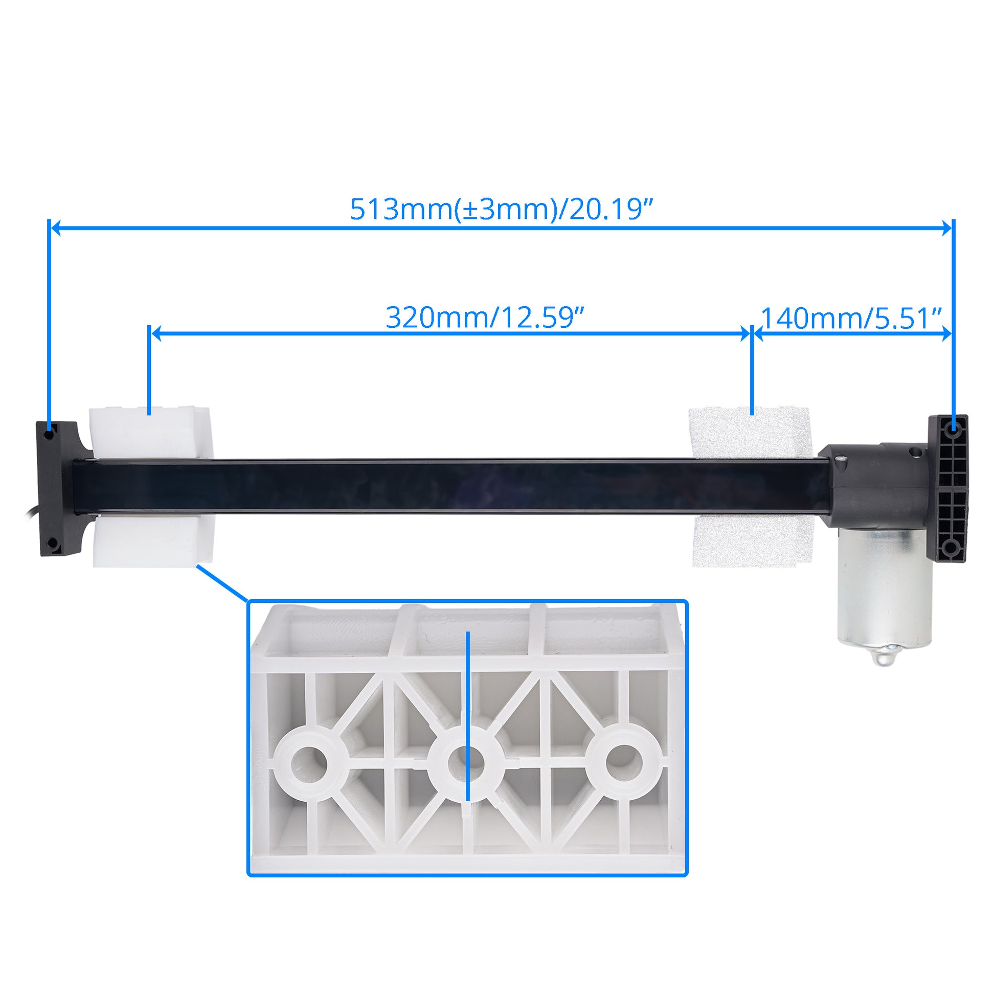 A technical dimension diagram of a black horizontal mounting bar with white brackets and a white cylindrical component, shown on a light gray background with blue measurement lines and text indicating dimensions.