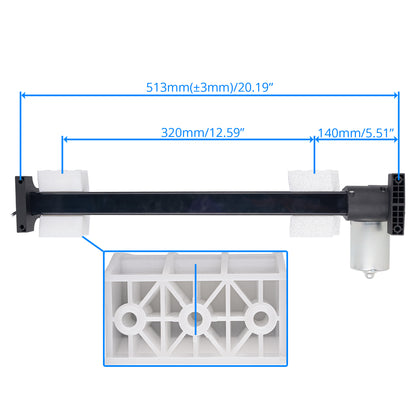 A technical dimension diagram of a black horizontal mounting bar with white brackets and a white cylindrical component, shown on a light gray background with blue measurement lines and text indicating dimensions.