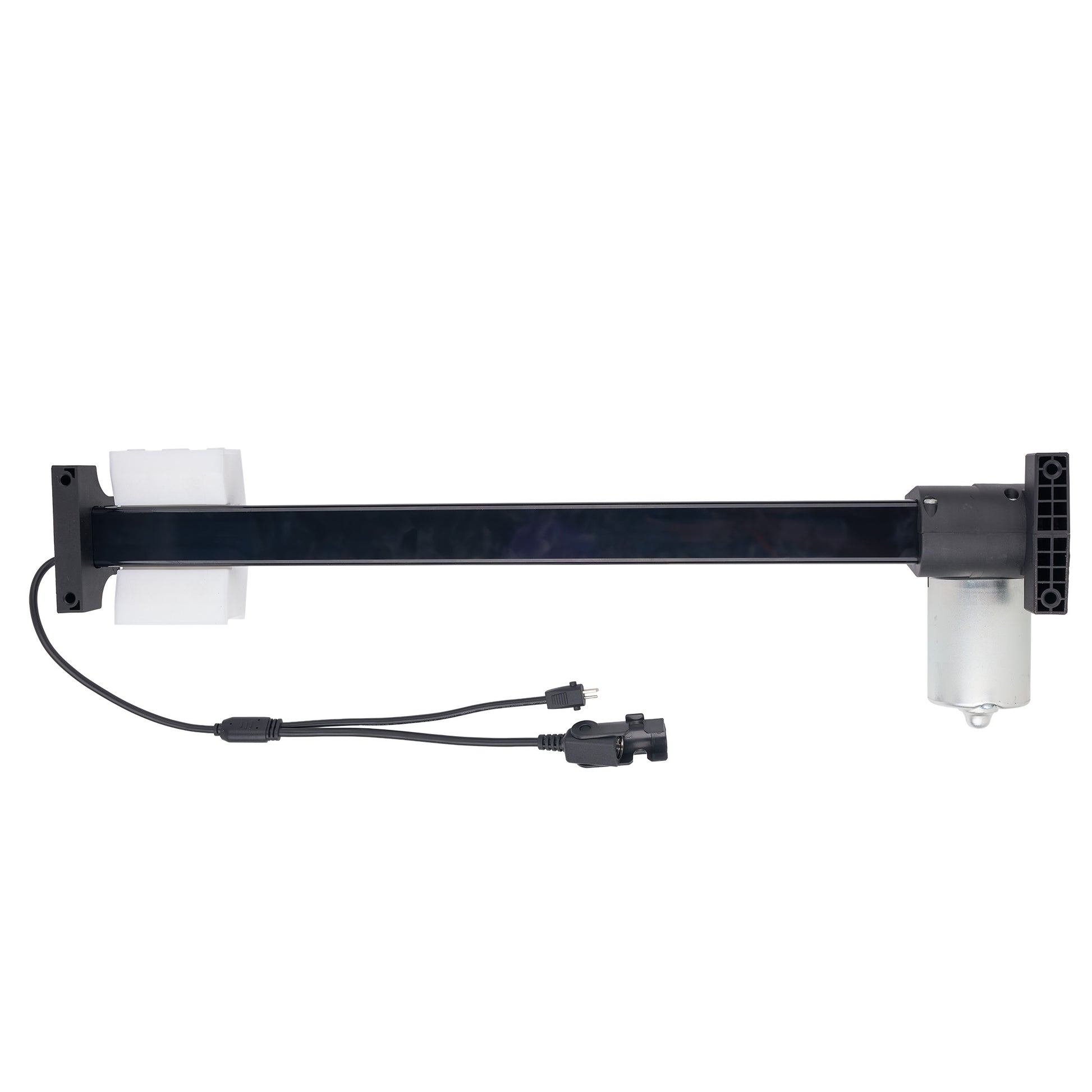 A black metal extension arm with a white cylindrical component on one end, a black mounting bracket on the other, and an attached black power cable with connectors, shown on a plain white background.