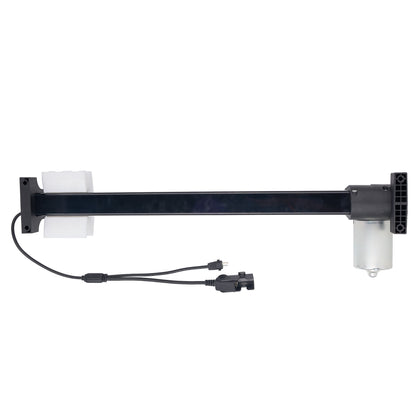 A black metal extension arm with a white cylindrical component on one end, a black mounting bracket on the other, and an attached black power cable with connectors, shown on a plain white background.