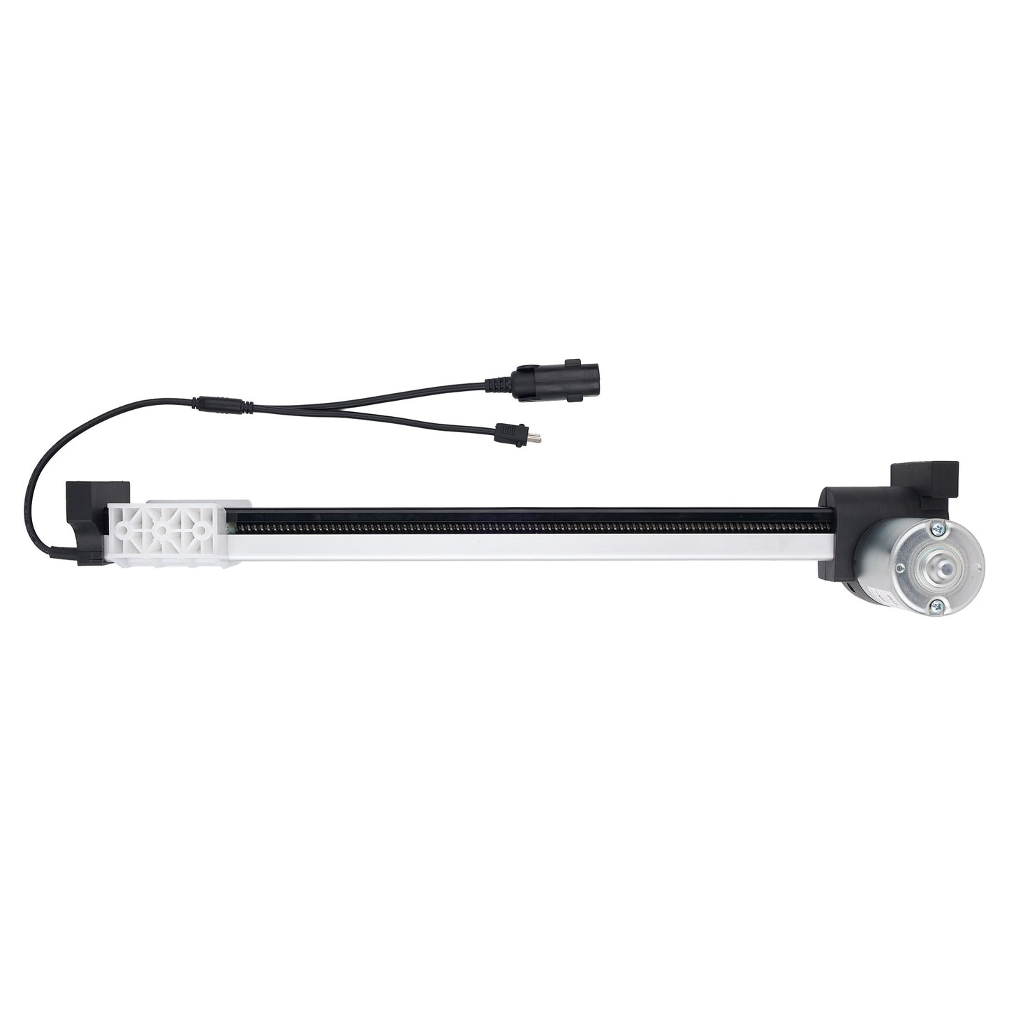 A linear motor slide assembly with a black and silver rail, featuring a white plastic end bracket, a black connector cable with a plug, and a silver motor unit on a solid white background.