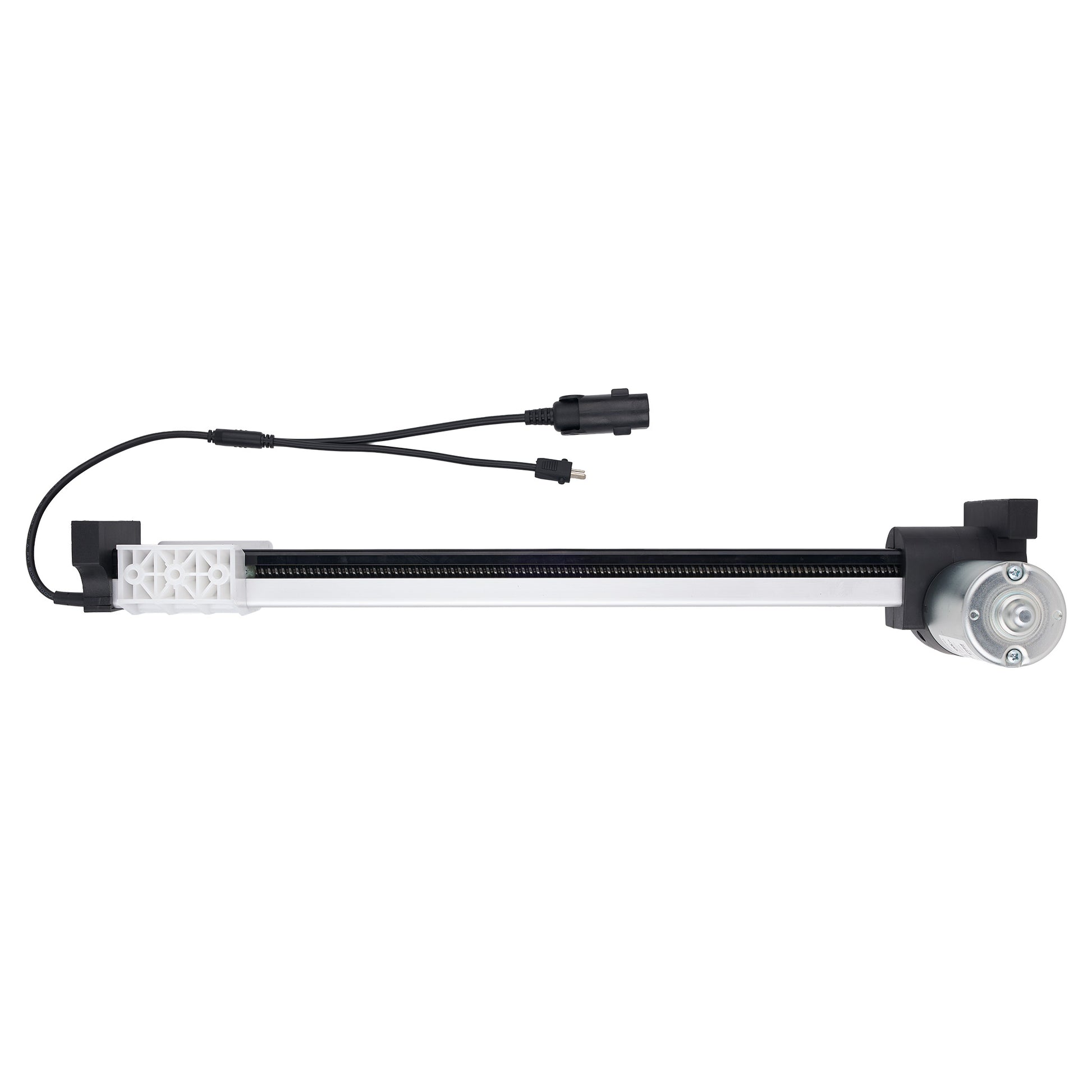 A linear motor slide assembly with a black and silver rail, featuring a white plastic end bracket, a black connector cable with a plug, and a silver motor unit on a solid white background.
