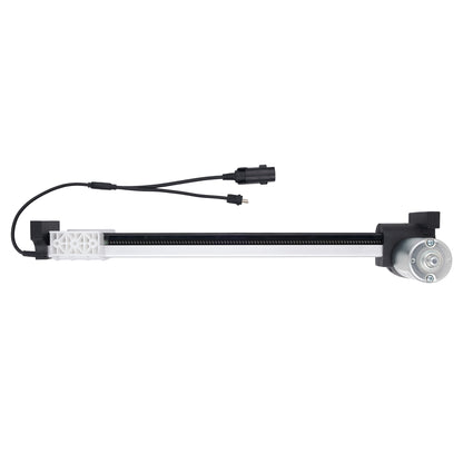 A linear motor slide assembly with a black and silver rail, featuring a white plastic end bracket, a black connector cable with a plug, and a silver motor unit on a solid white background.