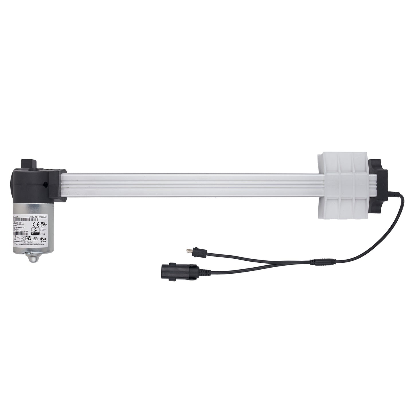 An industrial linear slide motor with a long silver aluminum rod, black end caps, a small motor housing on the left, and a white plastic mounting bracket on the right, shown with attached black wiring on a plain white background.