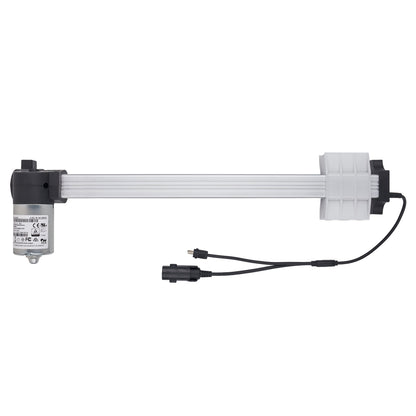 An industrial linear slide motor with a long silver aluminum rod, black end caps, a small motor housing on the left, and a white plastic mounting bracket on the right, shown with attached black wiring on a plain white background.