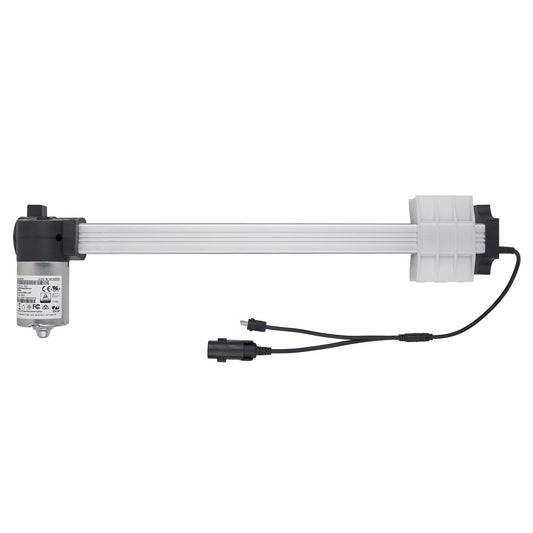 An industrial linear slide motor with a long silver aluminum rod, black end caps, a small motor housing on the left, and a white plastic mounting bracket on the right, shown with attached black wiring on a plain white background.