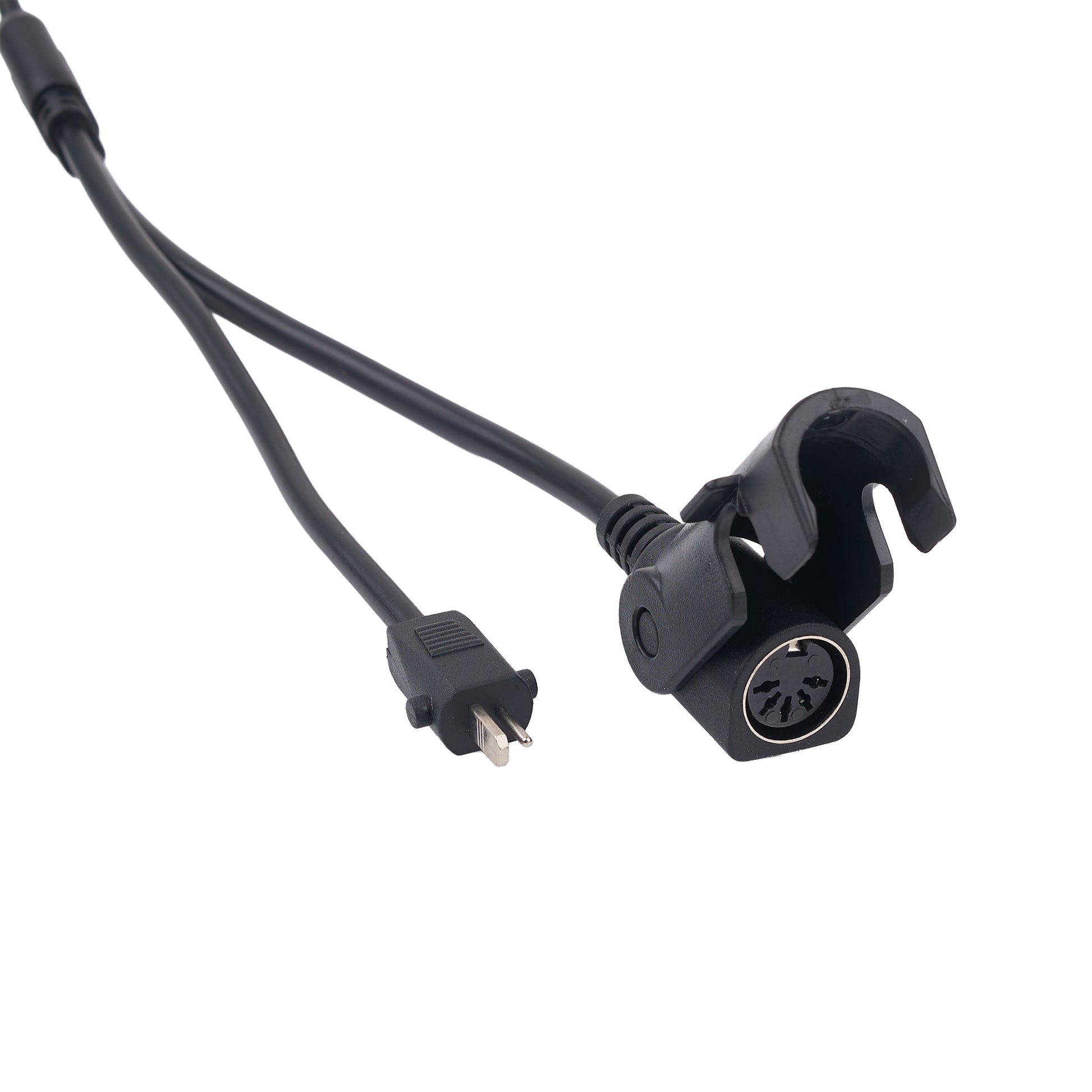 A black dual-connector power cable with a USB-C plug and a circular multi-pin plug, shown on a plain white background.