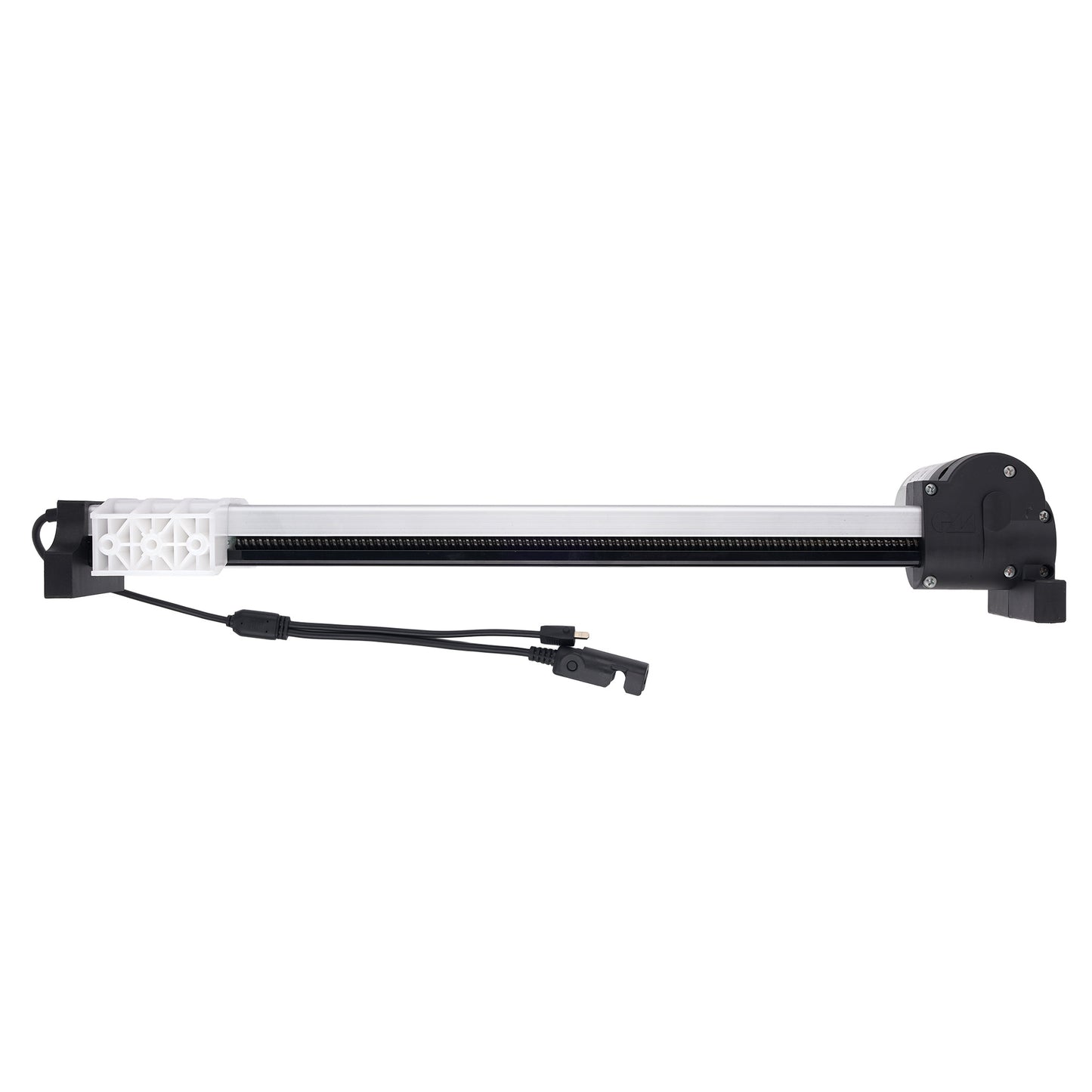 A linear garage door opener rail assembly with a black motor housing, a long silver metal rail, a black limit switch cable, and a white textured end cap, shown against a plain white background.