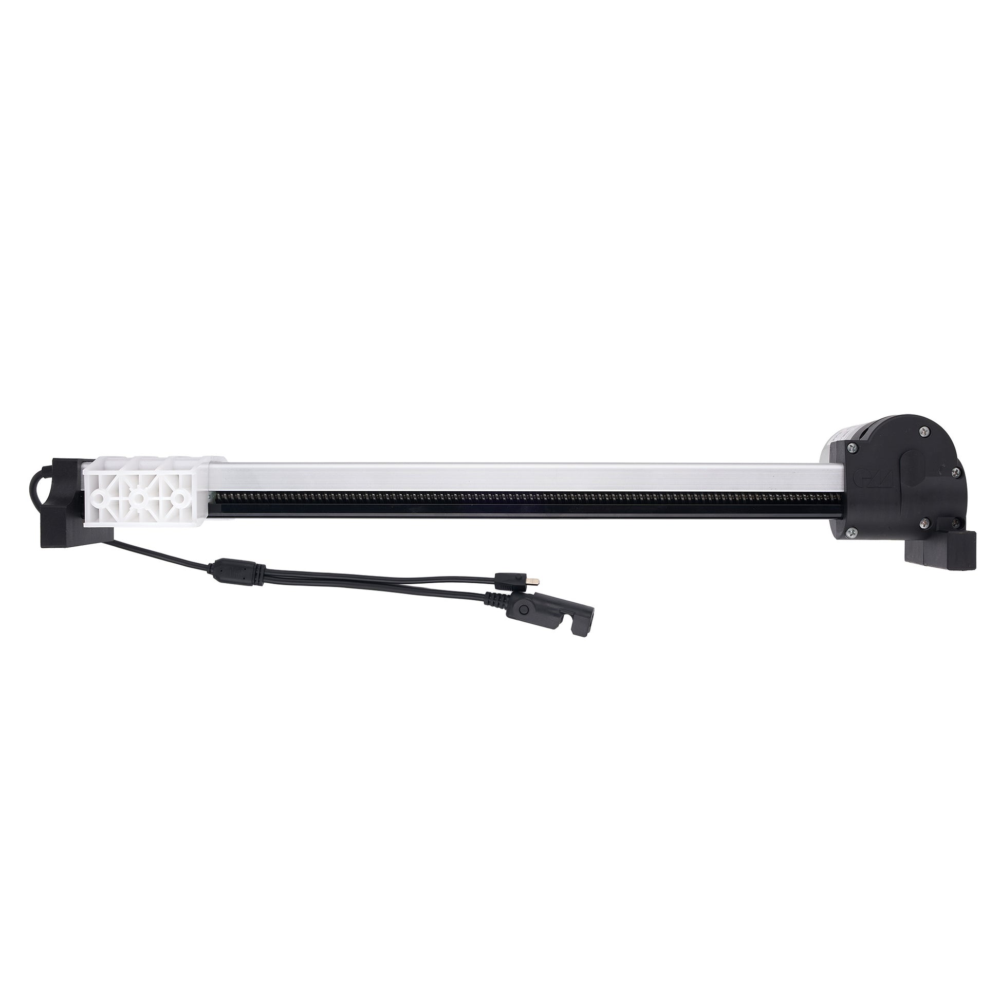 A linear garage door opener rail assembly with a black motor housing, a long silver metal rail, a black limit switch cable, and a white textured end cap, shown against a plain white background.