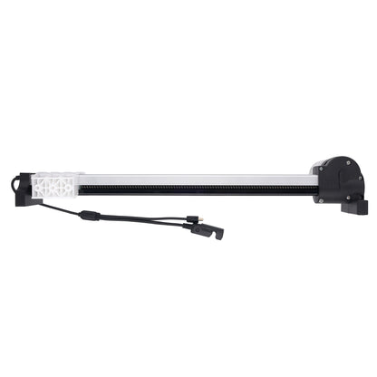 A linear garage door opener rail assembly with a black motor housing, a long silver metal rail, a black limit switch cable, and a white textured end cap, shown against a plain white background.