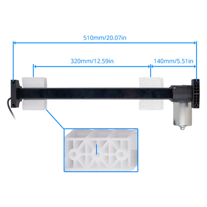 A linear motion bar diagram with blue dimension lines showing measurements of 510mm, 320mm, and 140mm, plus a white inset detail of a mounting bracket.