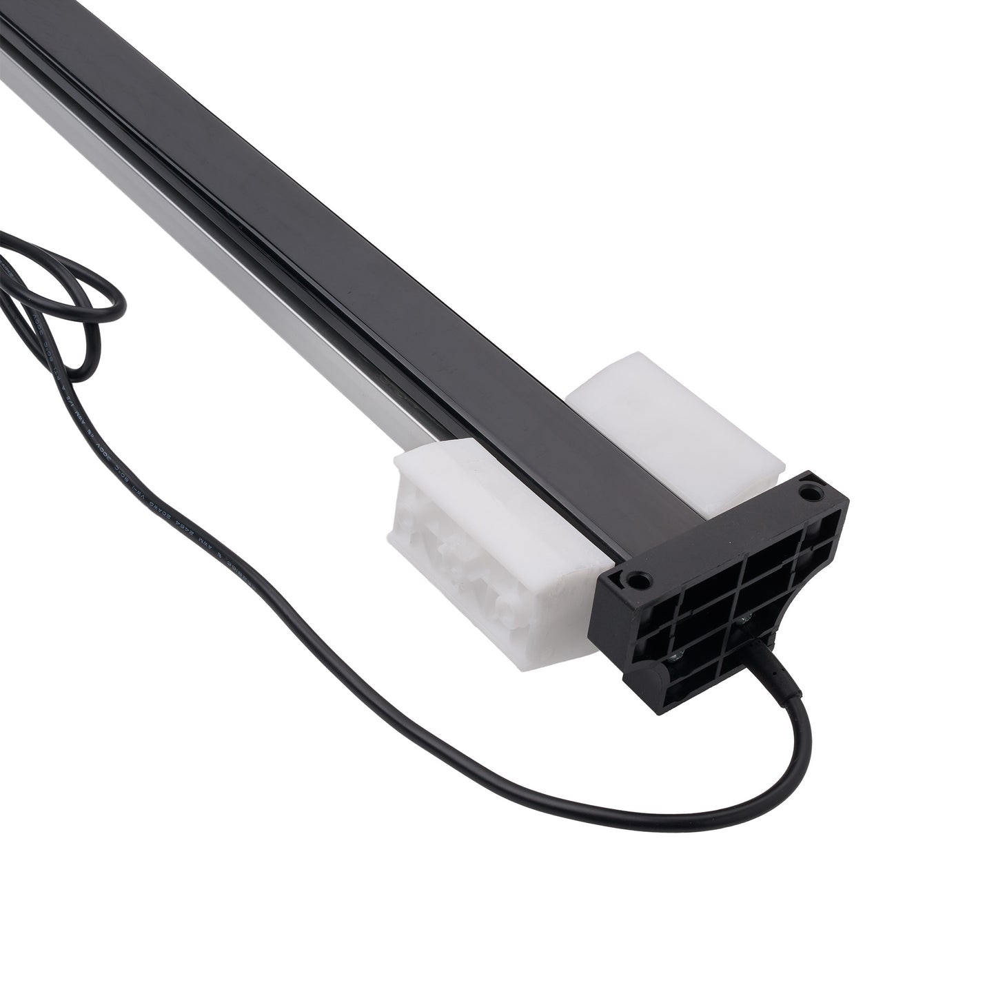 A close-up of a black linear aquarium light fixture with a white diffuser and a black power connector, shown on a plain white background.