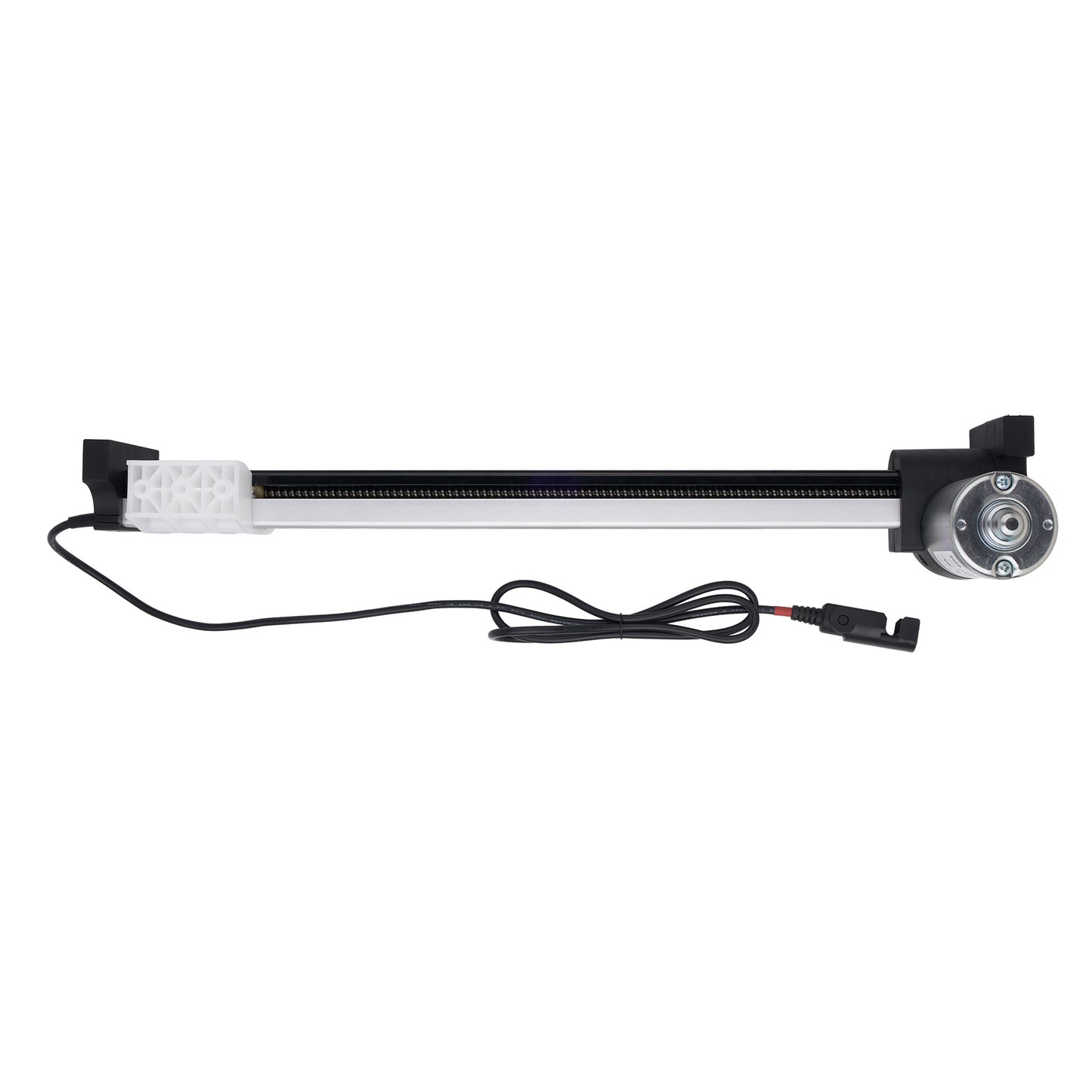 A linear slide rail assembly with a black and silver metal body, featuring a black power cable with a connector plug, shown against a plain white background.