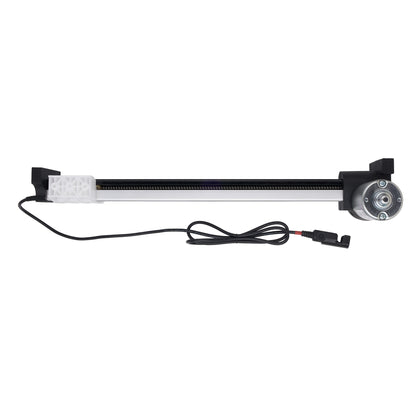 A linear slide rail assembly with a black and silver metal body, featuring a black power cable with a connector plug, shown against a plain white background.