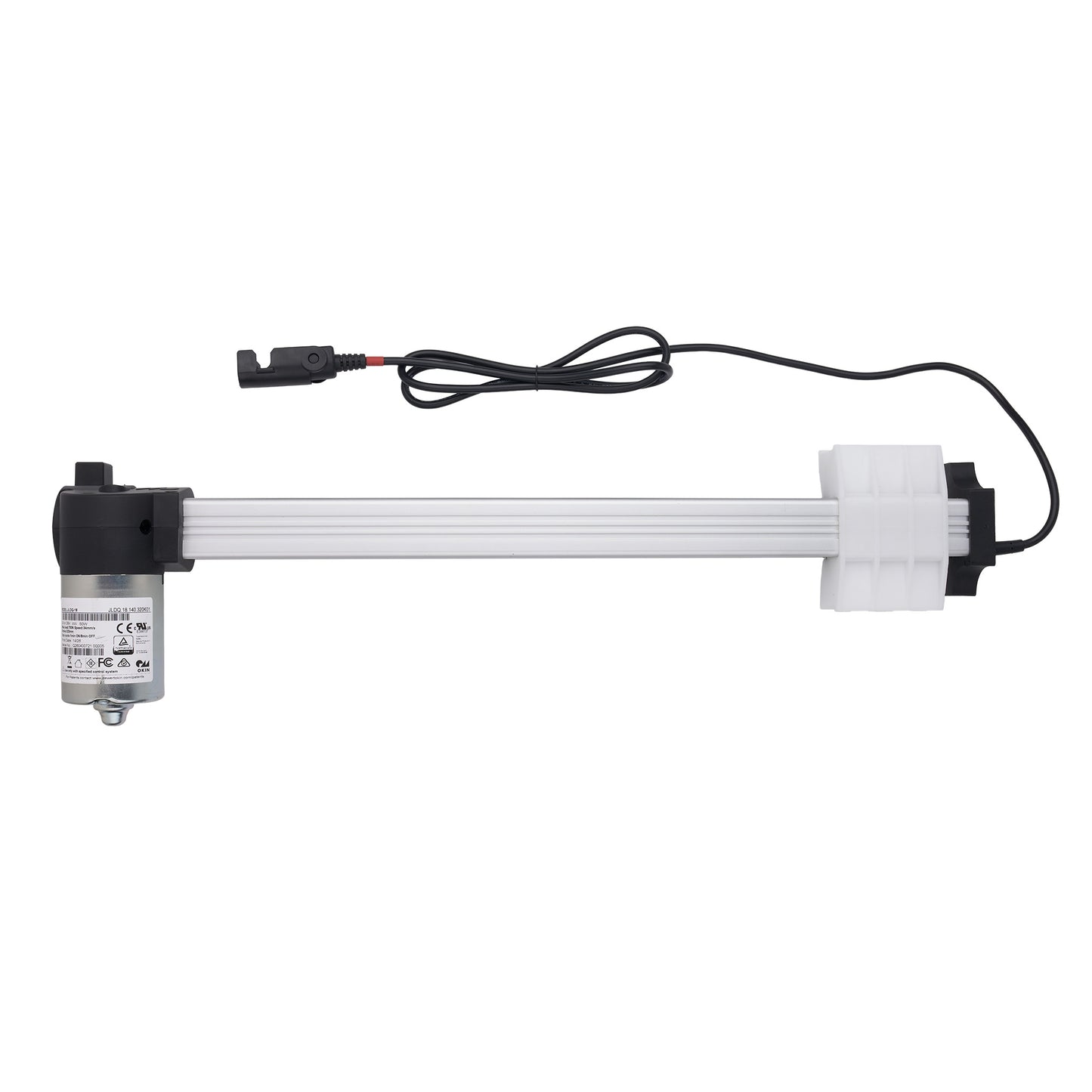 A linear electric motor slide rail with a black cable and connector, featuring a silver metal motor housing and a white plastic end cap, shown against a plain white background.