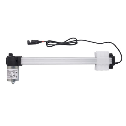 A linear electric motor slide rail with a black cable and connector, featuring a silver metal motor housing and a white plastic end cap, shown against a plain white background.