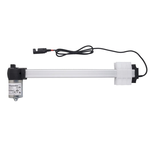 A linear electric motor slide rail with a black cable and connector, featuring a silver metal motor housing and a white plastic end cap, shown against a plain white background.