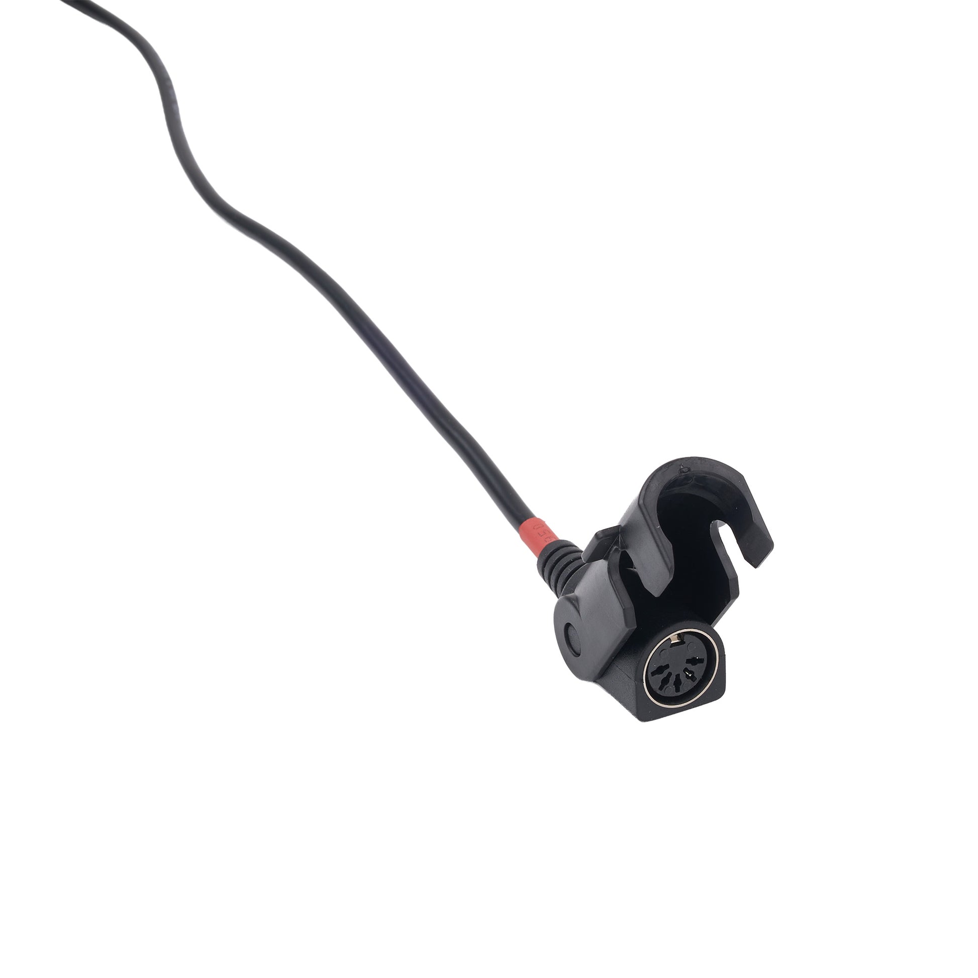 A black plastic magnetic clip with a black cable and a small red accent ring, shown on a plain white background.