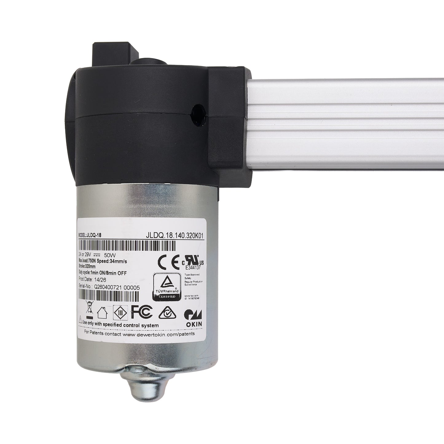 A linear electric actuator with a brushed silver metal cylinder, a black plastic housing, and a white aluminum rod, shown against a plain white background.