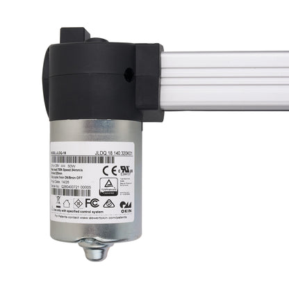 A linear electric actuator with a brushed silver metal cylinder, a black plastic housing, and a white aluminum rod, shown against a plain white background.