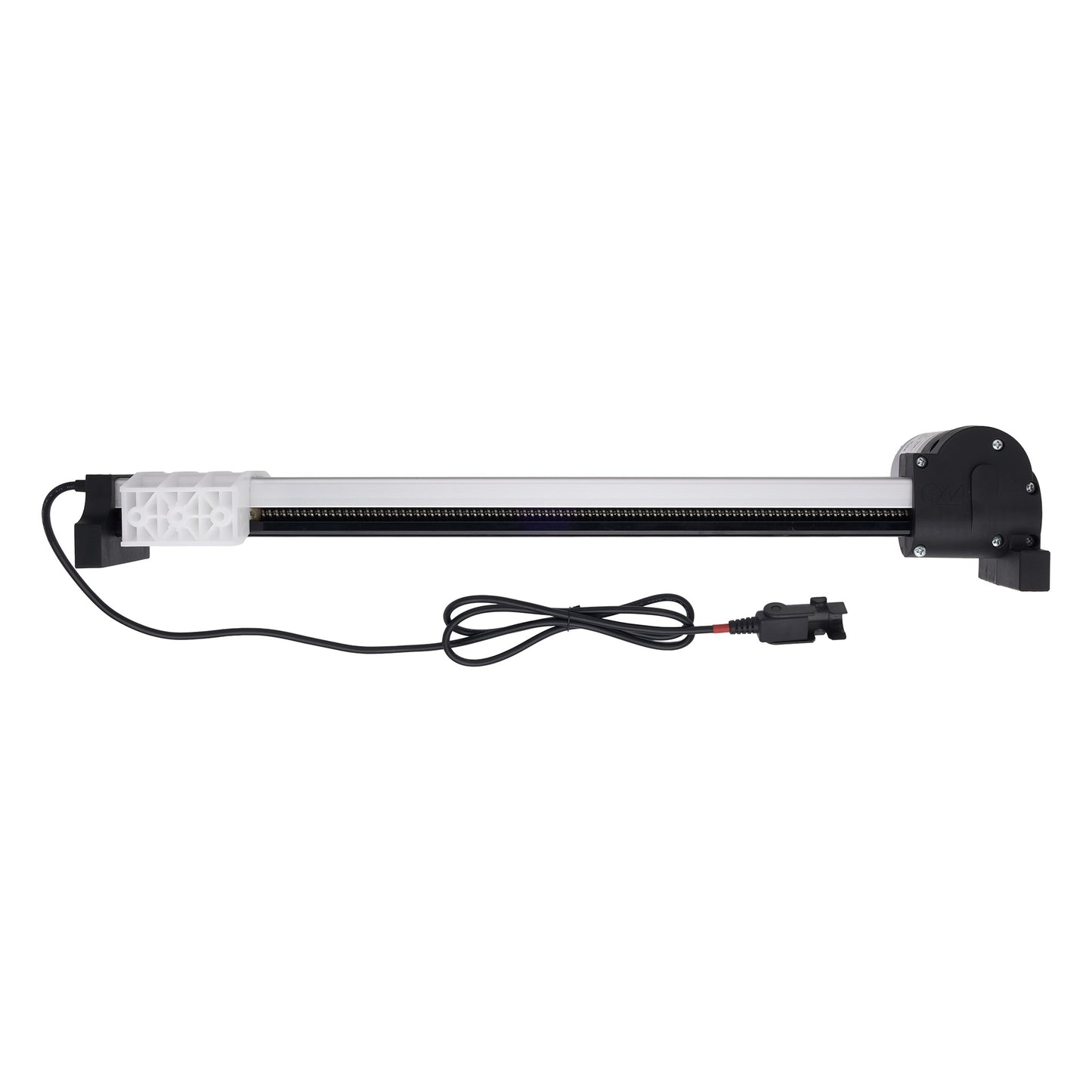 A linear electric slide rail assembly with a black motor housing, a white plastic guide block, and a black control cable with a connector, shown against a plain white background.
