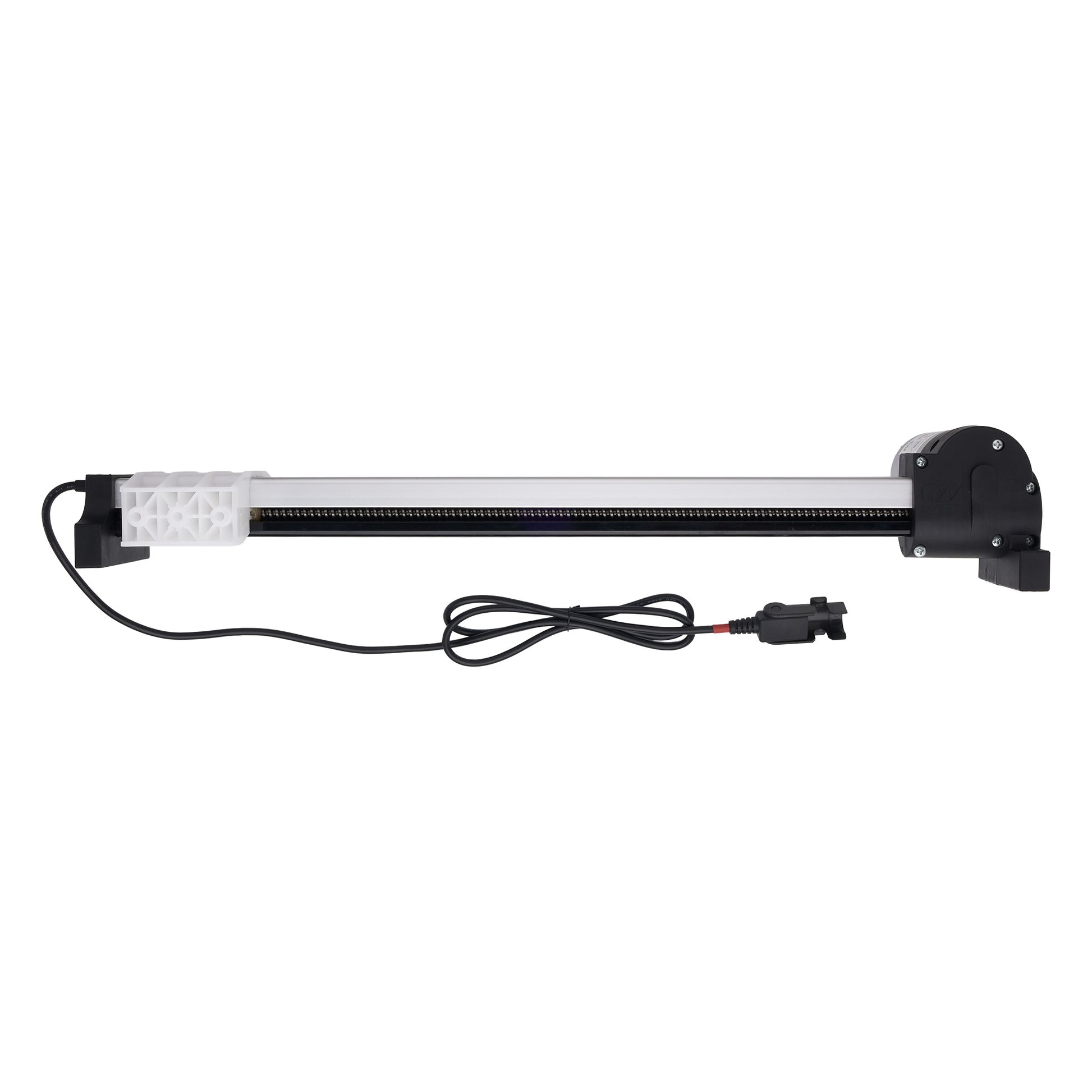 A linear electric slide rail assembly with a black motor housing, a white plastic guide block, and a black control cable with a connector, shown against a plain white background.