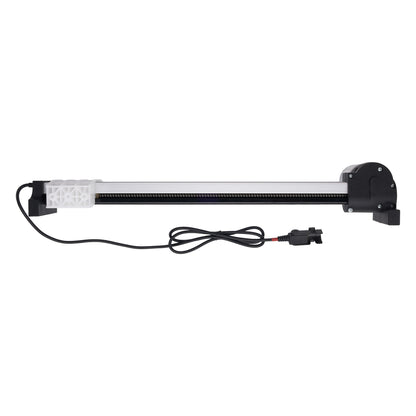 A linear electric slide rail assembly with a black motor housing, a white plastic guide block, and a black control cable with a connector, shown against a plain white background.