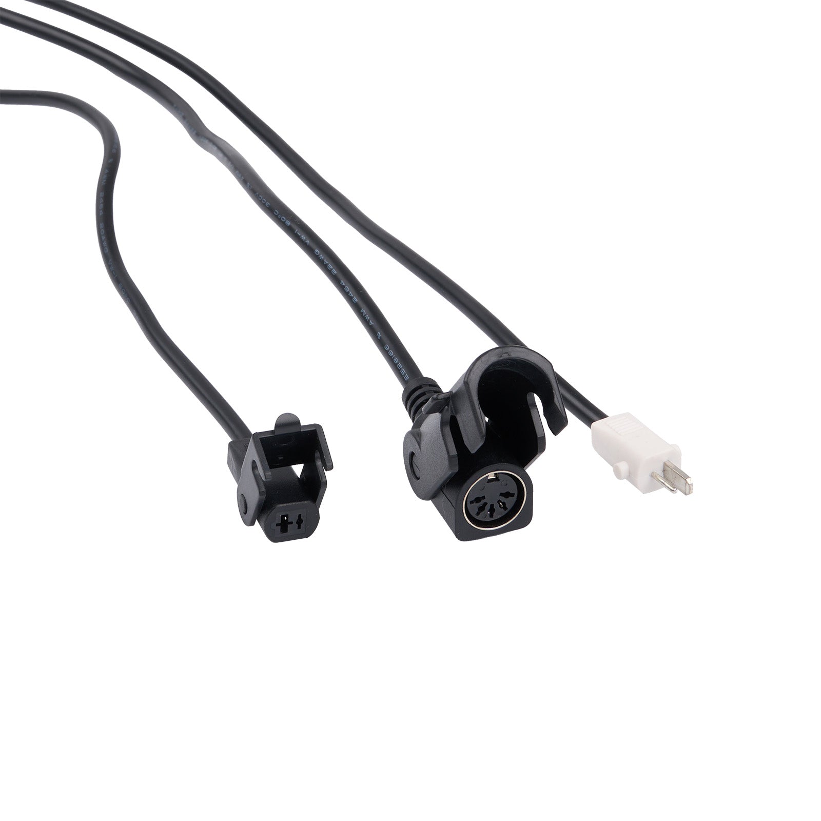 Two black electrical cables with connectors on a white background