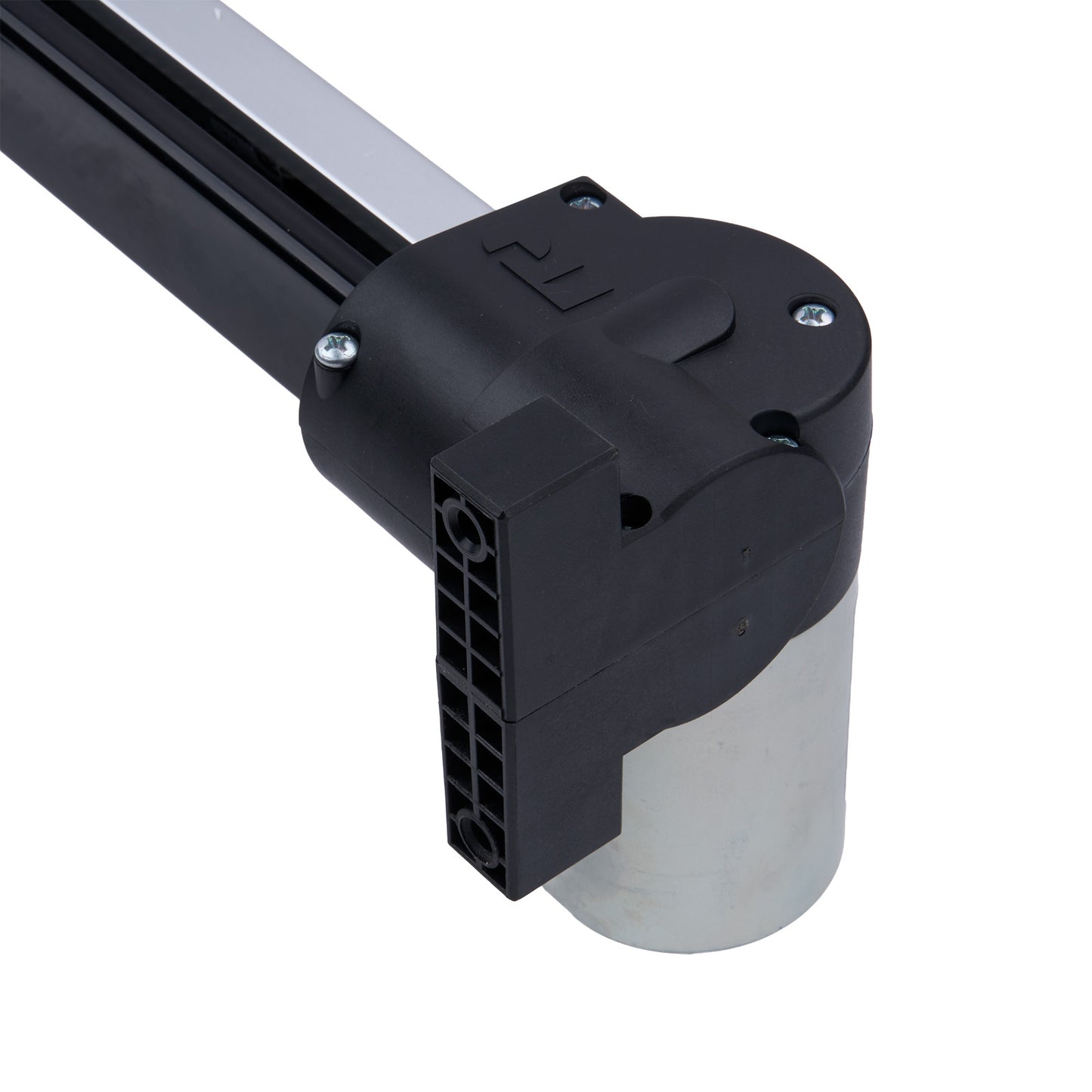 Black metal bracket with cylindrical component on a white background