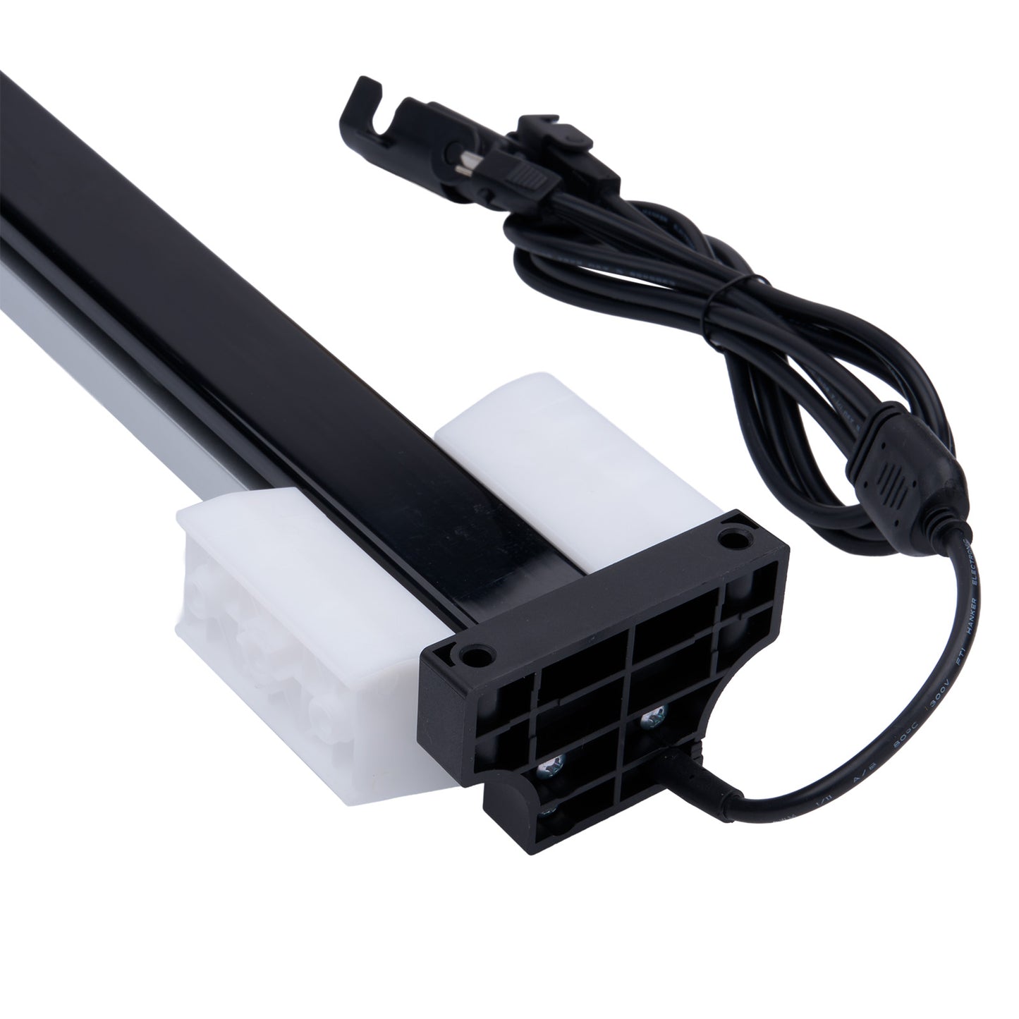 Black and white mechanical component with a power cable on a white background