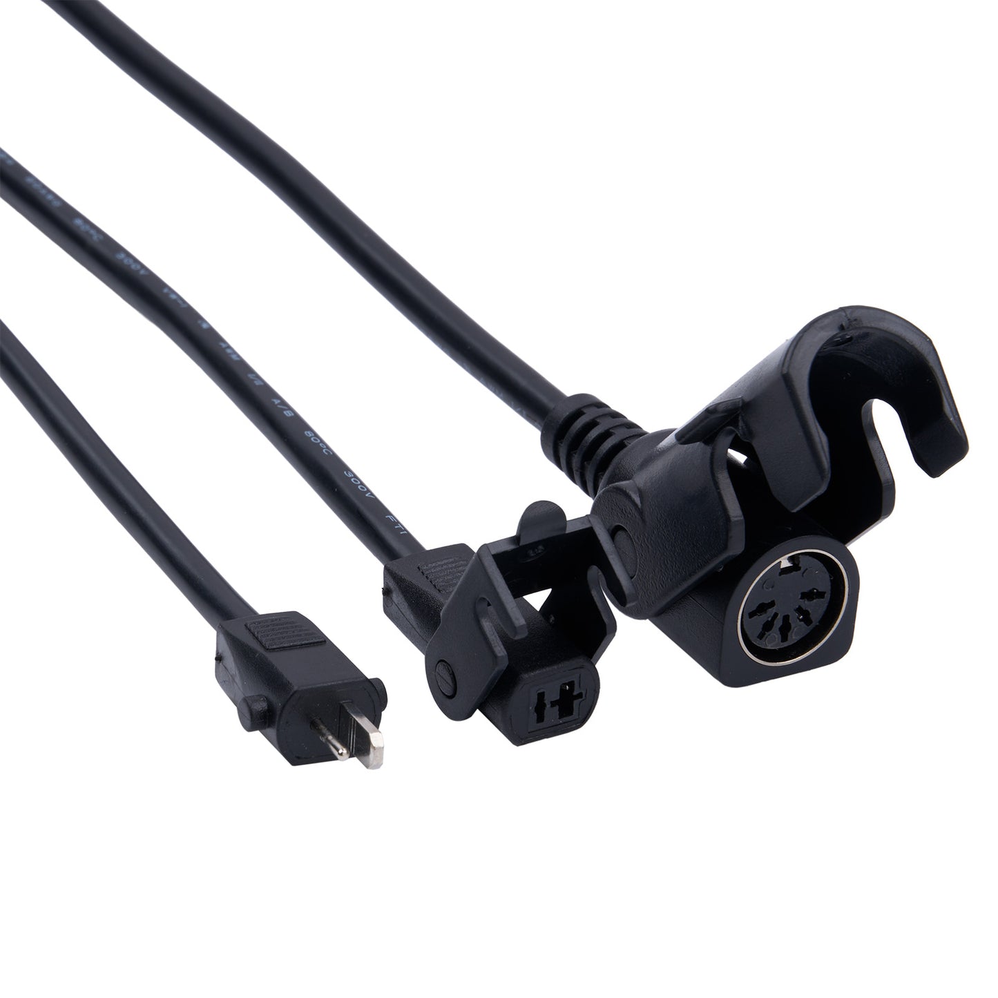 Black audio cable with plug and clip on a white background