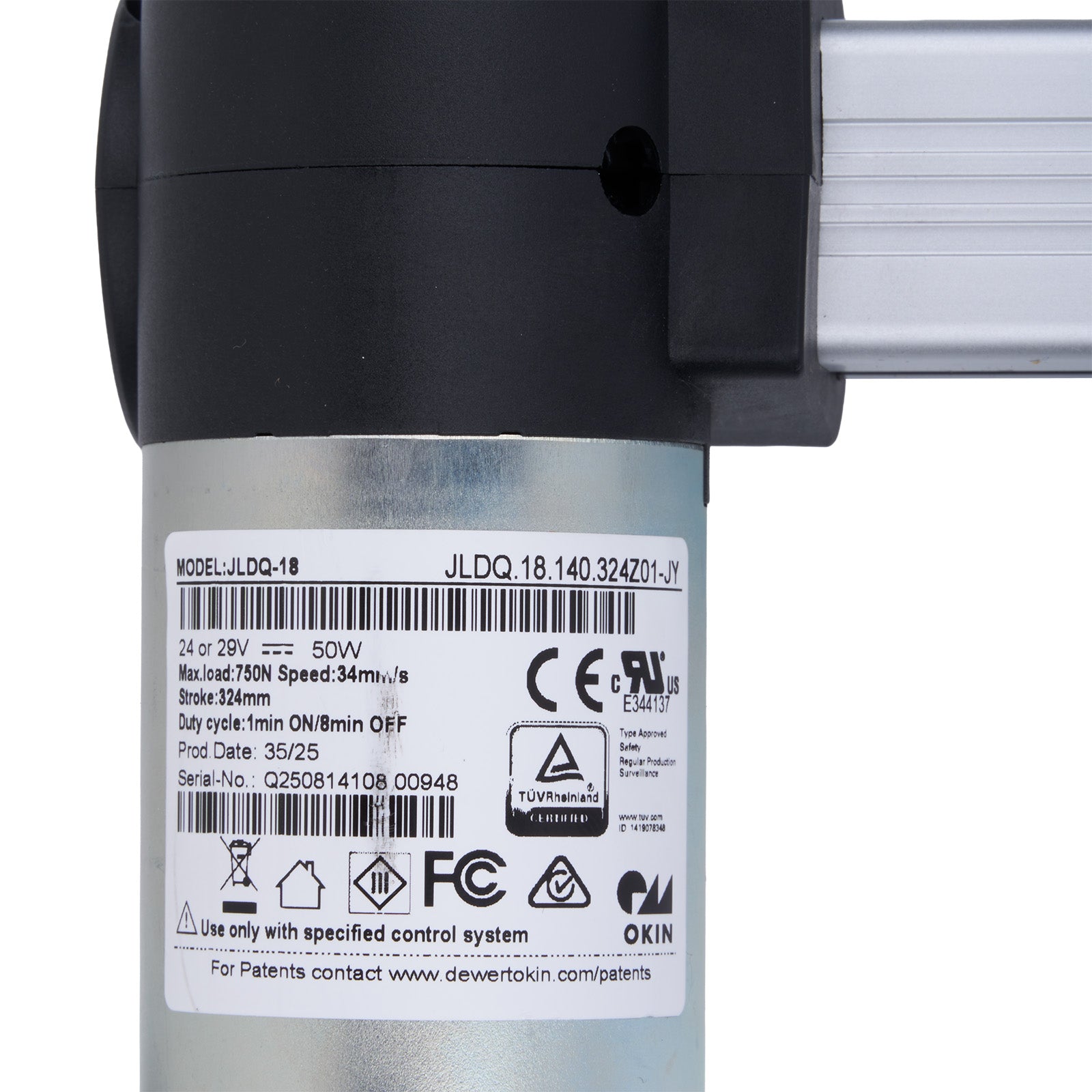 Mechanical component with a label displaying technical specifications and certifications on a white background