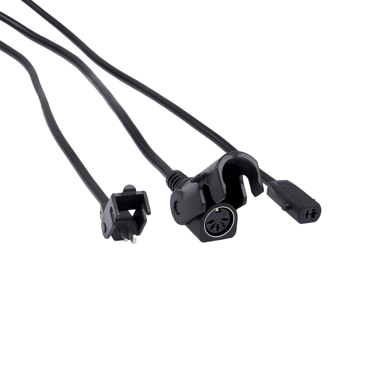 Black cables with connectors on a white background