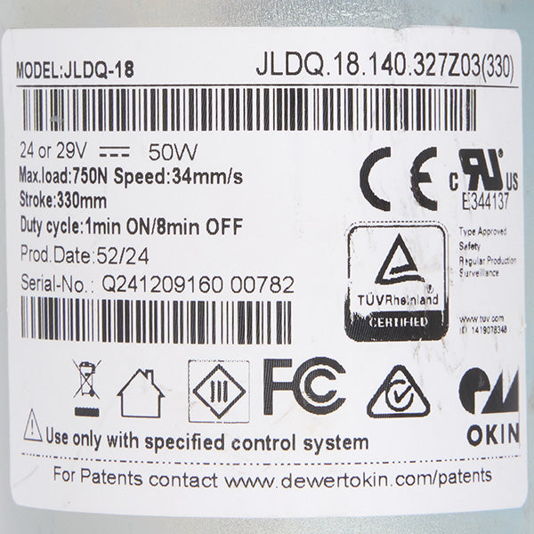 Product label with technical specifications and certification logos on a white background